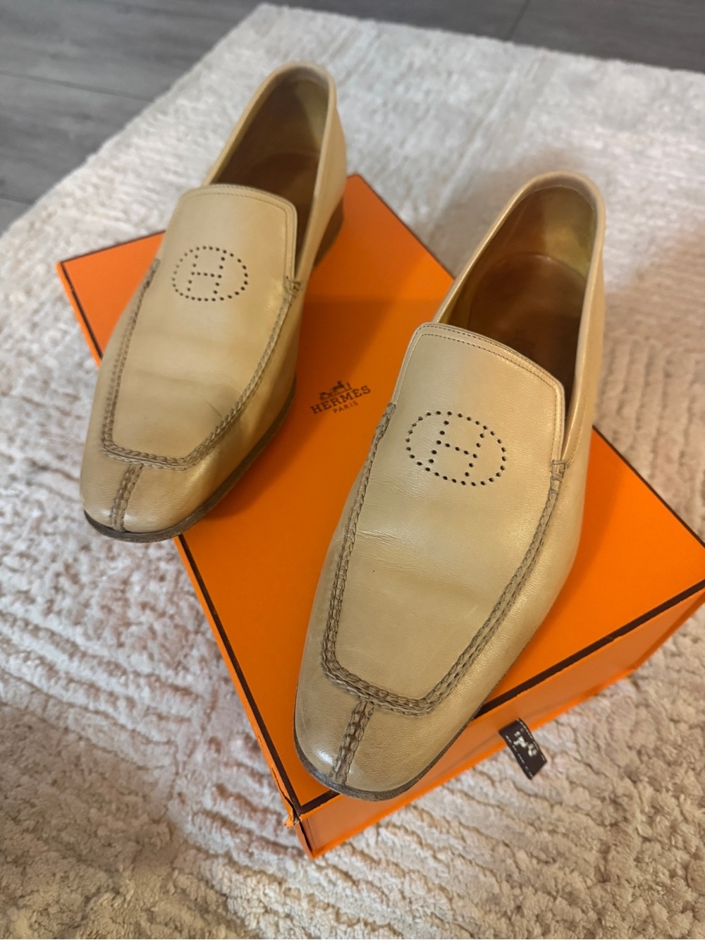 Hermes Light Beige Leather Men's Slip-On Loafers with Perforated Logo